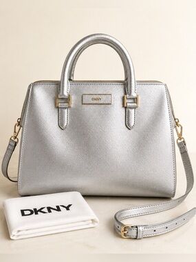 DKNY Metallic Silver Saffiano Satchel Crossbody Bag w/ Dust Bag EUC